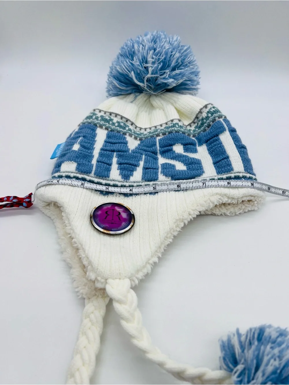 Robin Ruth Light Blue and White Pom-Pom Sherpa Earflap Hat “Amsterdam” One Size